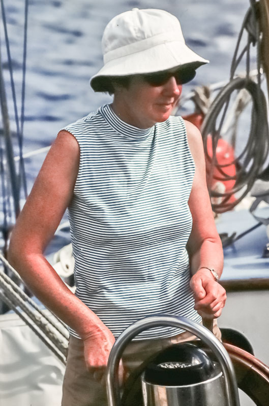 Barbara at the Dovekie helm - February 1978